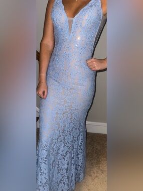 Jovani Dusty Blue Strapless Lace Evening Gown